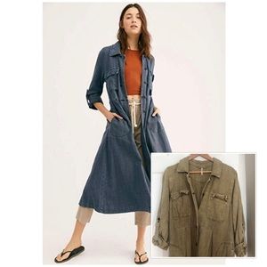 Free People Olive Linen Button-Down Shirtdress